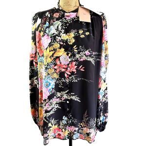 No.21 Women Black Floral Silk Button Front Long Sleeve Blouse Top Sz 8/44 Italy